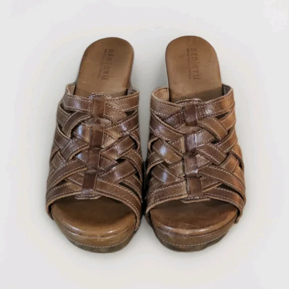 SOLD Bed Stu Gina Tan Rustic Genuine Leather Slides Heels Sandals Platforms 11 - Picture 6 of 9